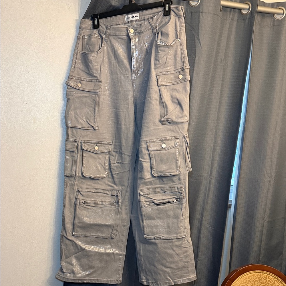 Fashion Nova Shiny Gray Cargo Pants